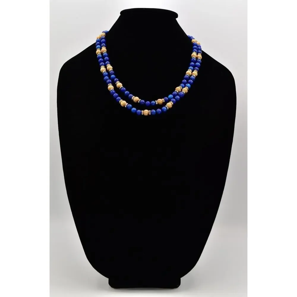 Vintage Lapis Lazuli Collar Beaded Necklace Layered Gold Tone Crystal 70s BinBD